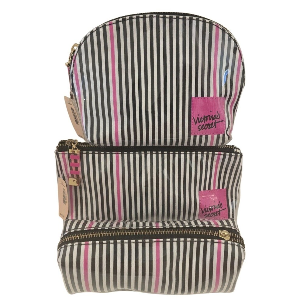 3pc Victoria Secret Makeup Cosmetics bag signature stripes pencil case vinyl NEW